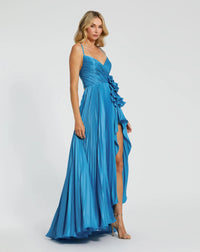 Mac Duggal 11802 Turquoise pleated high low rosette gown - side