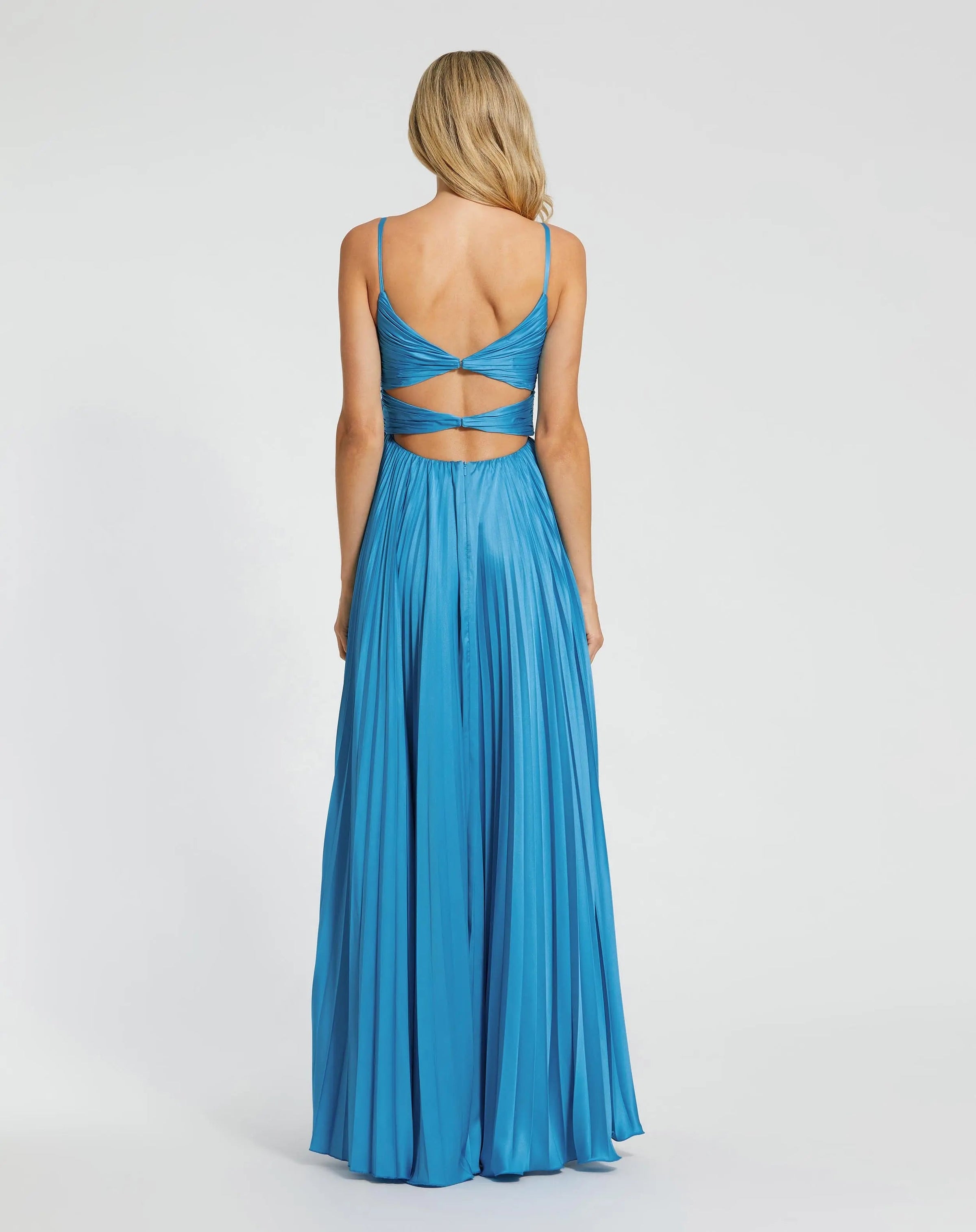 Mac Duggal 11802 Turquoise pleated high low rosette gown - back