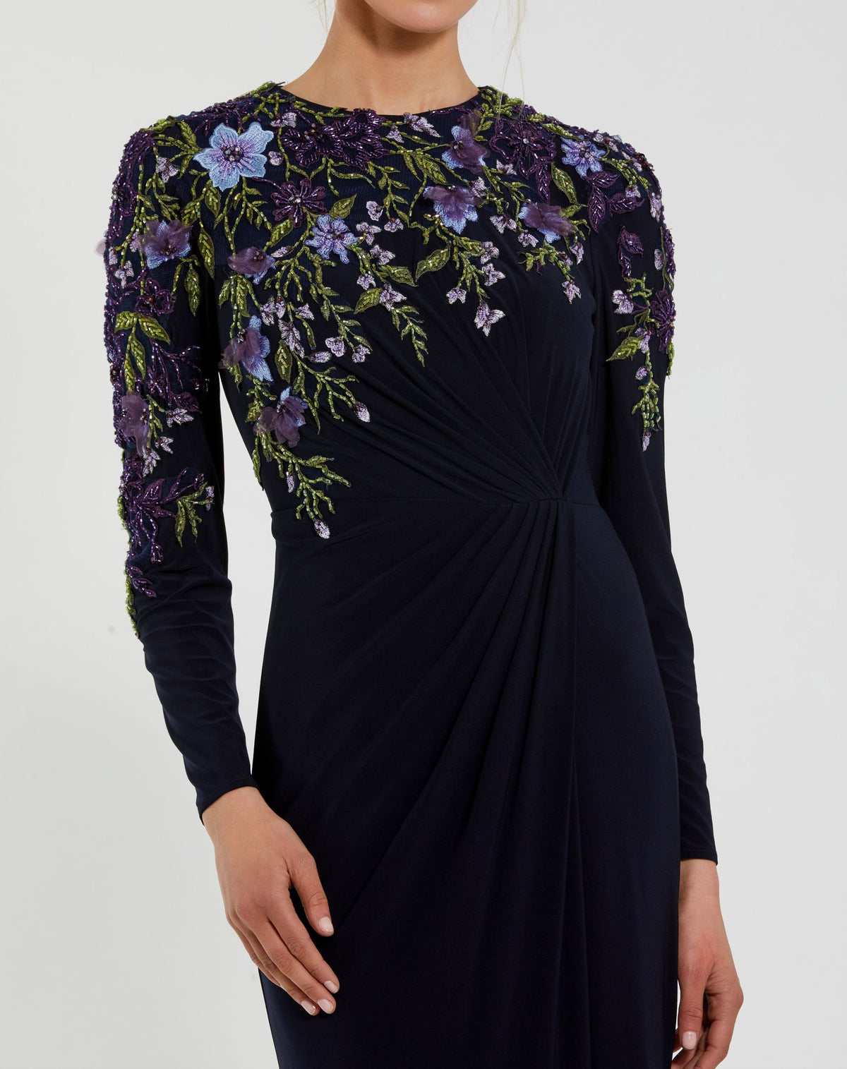 Embellished Long Sleeve Fitted Jersey Gown - Midnight