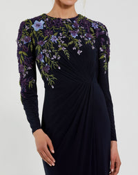Embellished Long Sleeve Fitted Jersey Gown - Midnight
