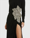 Jersey Gown With Embellished Diamond Flower - Black