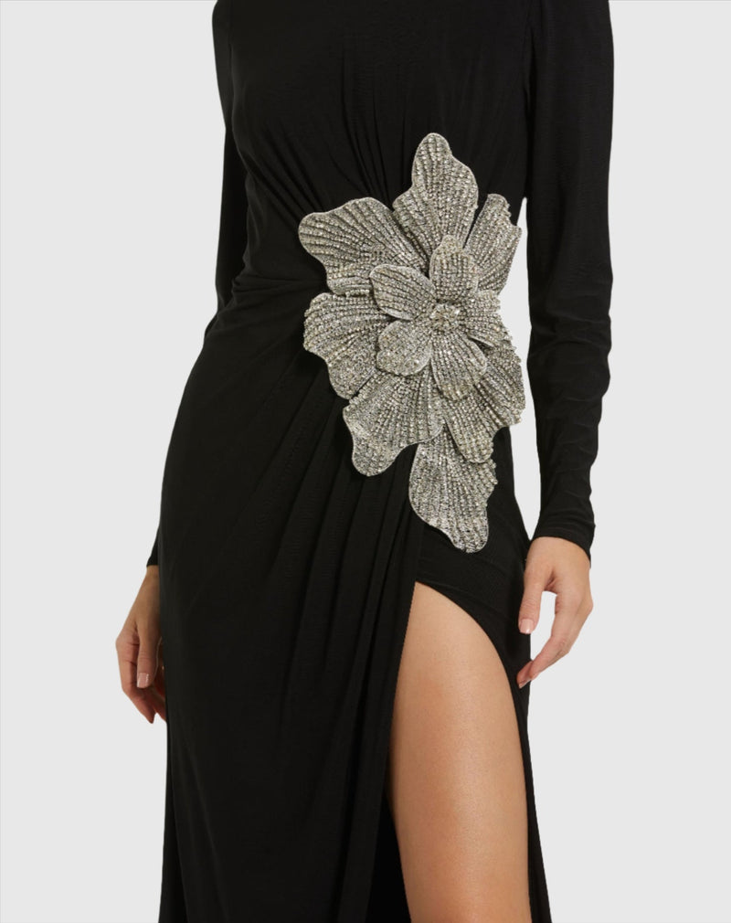Jersey Gown With Embellished Diamond Flower - Black