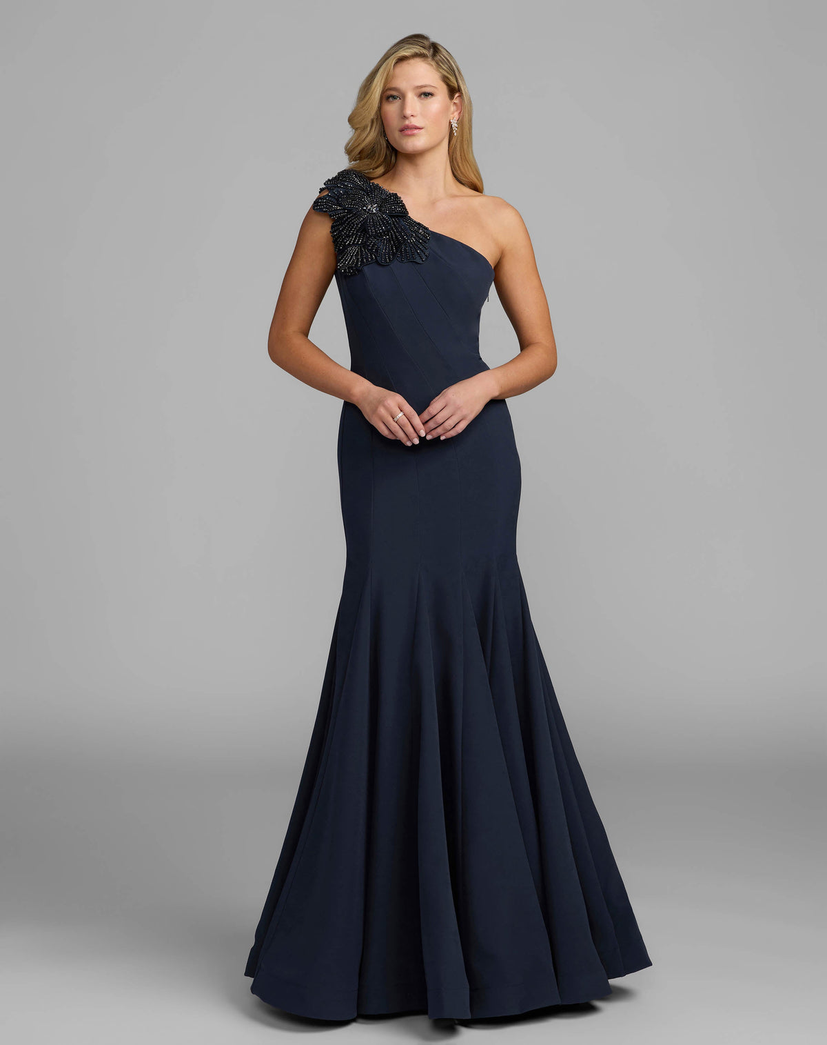 Mac Duggal #11810 midnight navy crepe one shoulder gown with crystal flower