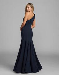 Mac Duggal #11810 midnight navy one shoulder gown back view