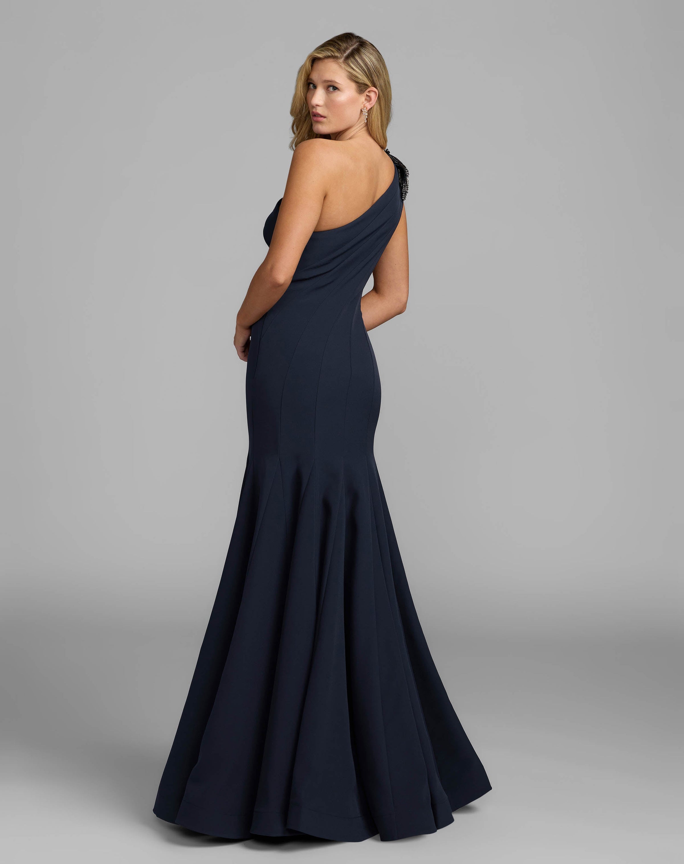 Mac Duggal #11810 midnight navy one shoulder gown back view