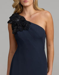 Mac Duggal #11810 midnight navy gown crystal flower shoulder detail