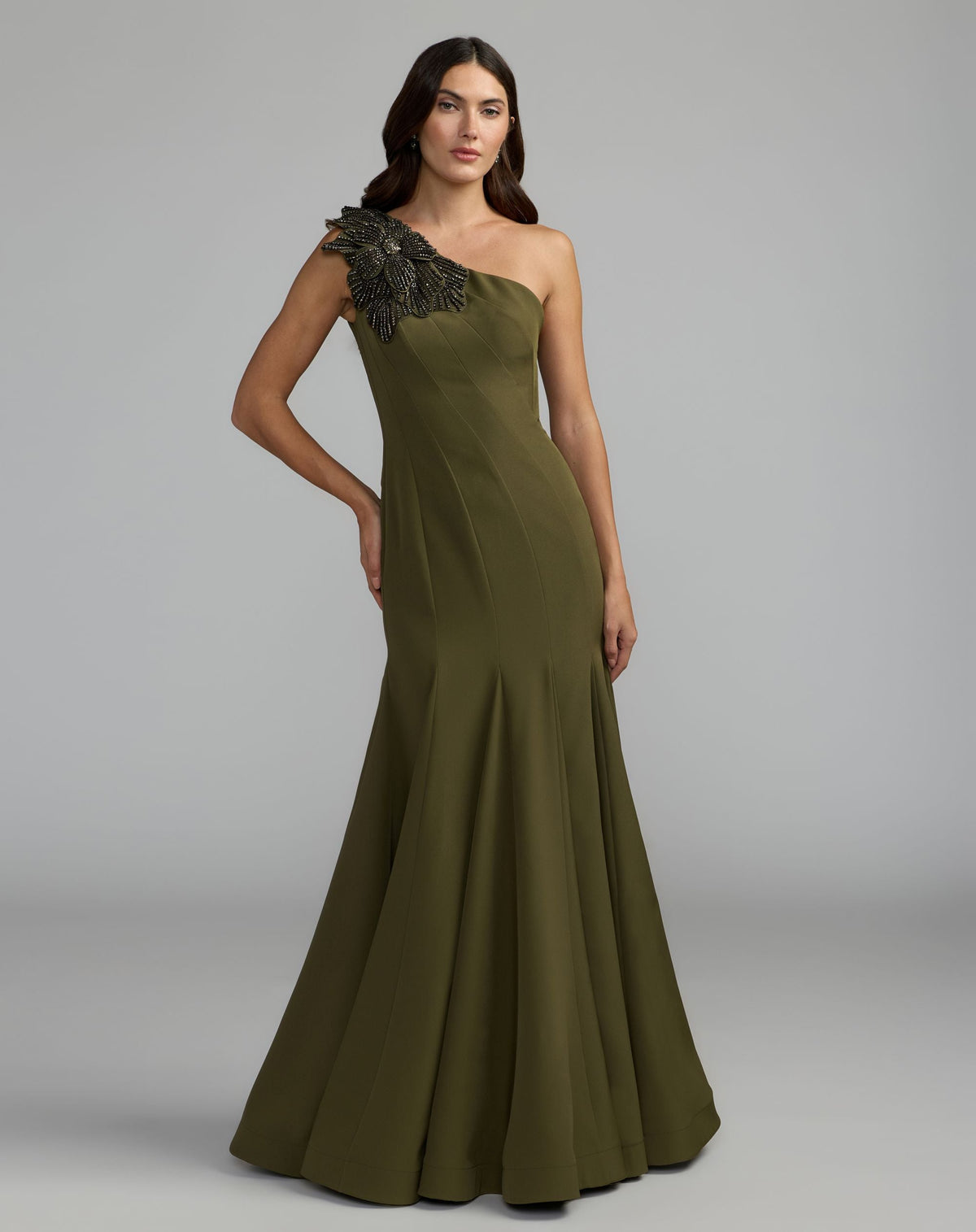 Mac Duggal 11810 olive one shoulder crepe gown with crystal flower — front