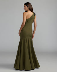 Green Crepe One Shoulder Gown With Crystal Flower