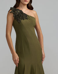 Green Crepe One Shoulder Gown With Crystal Flower