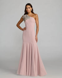 Mac Duggal Rose Pink Crepe One Shoulder Gown With Flower Black  #11810 