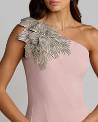 Mac Duggal Rose Pink Crepe One Shoulder Gown With Flower Black  #11810 