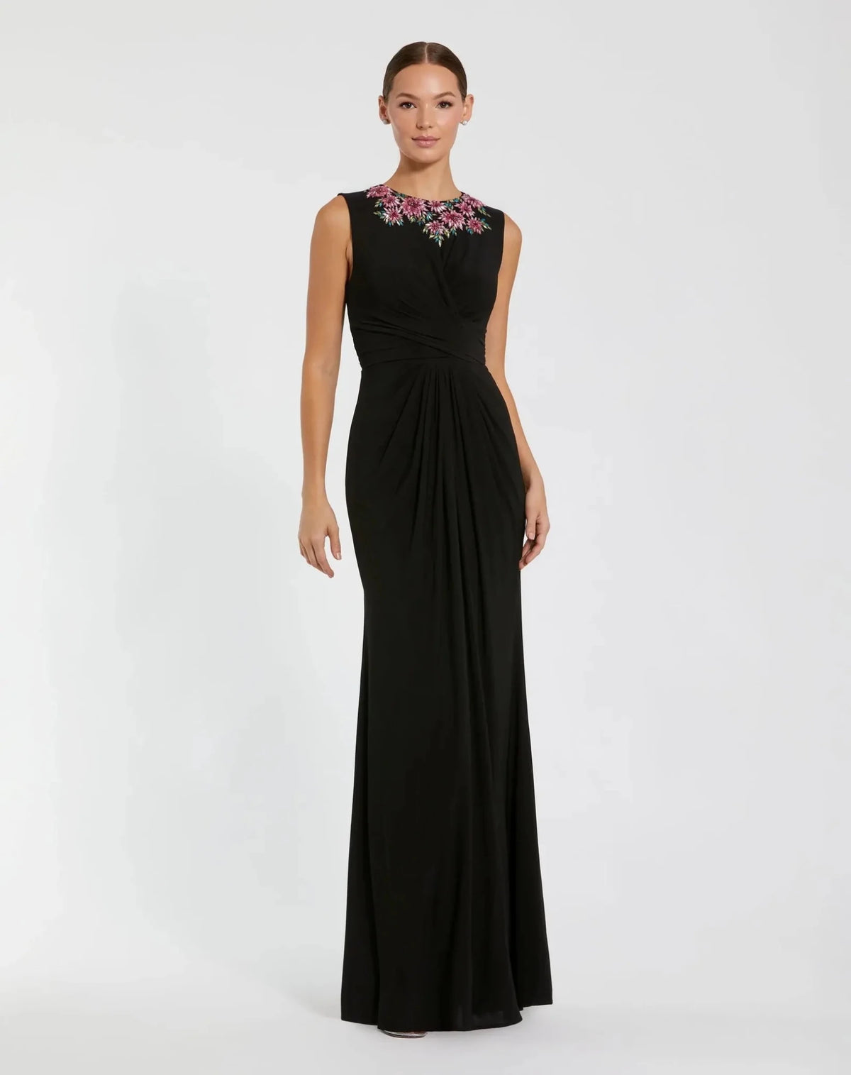 Black Multi Jersey Twist Gown With Beaded Shoulders