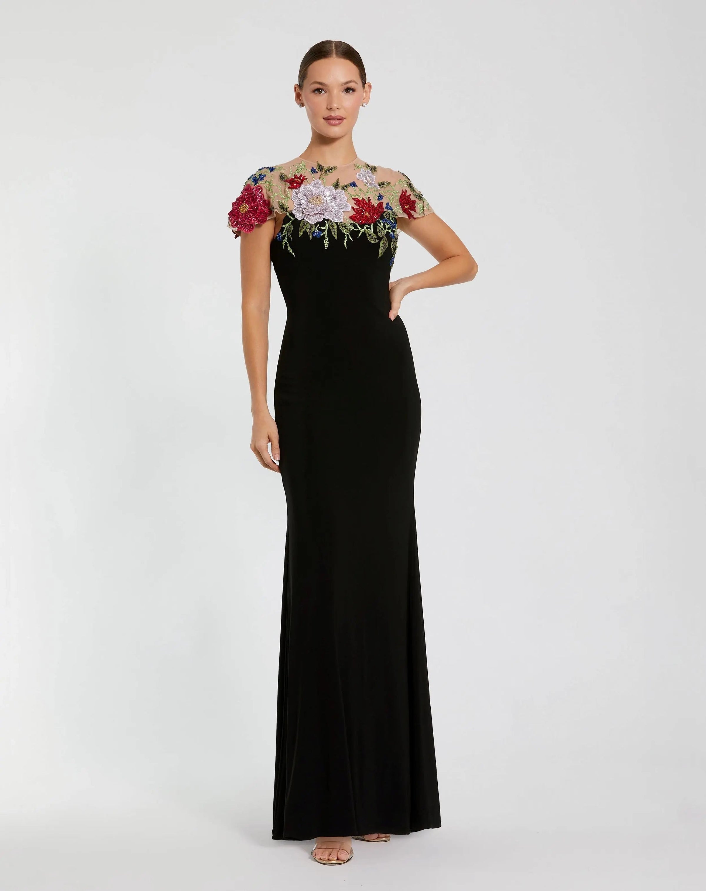 Mac Duggal 11817 Black Multi floral embellished jersey column gown - front
