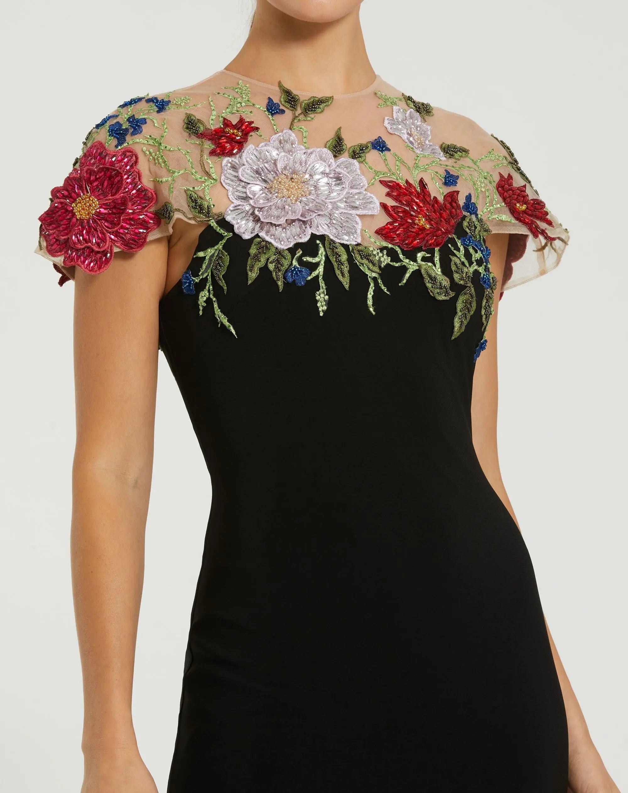 Mac Duggal 11817 Black Multi floral embellished jersey column gown - detail