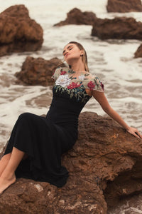 Mac Duggal 11817 Black Multi floral embellished jersey column gown - side