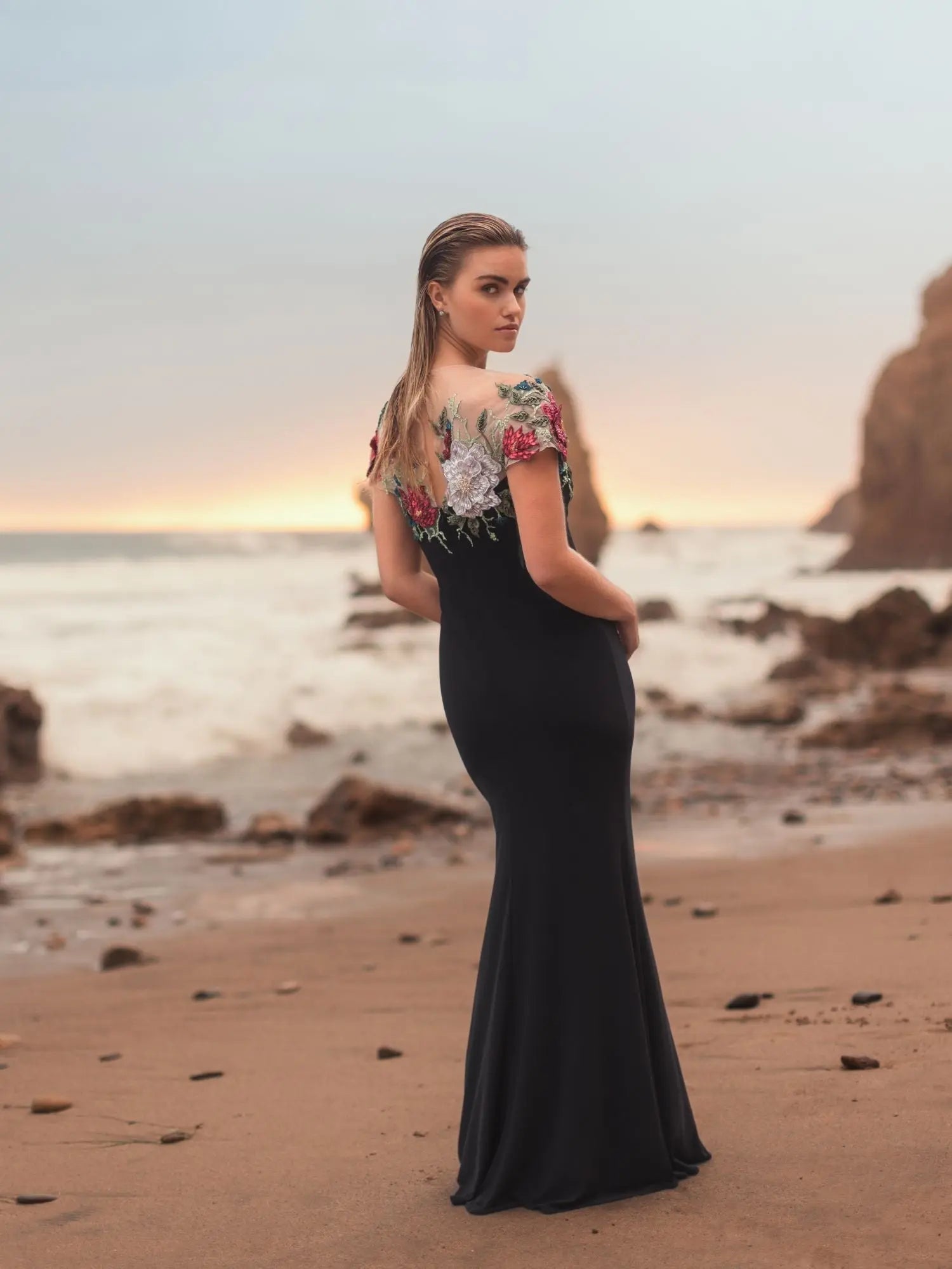 Mac Duggal 11817 Black Multi floral embellished jersey column gown - back view