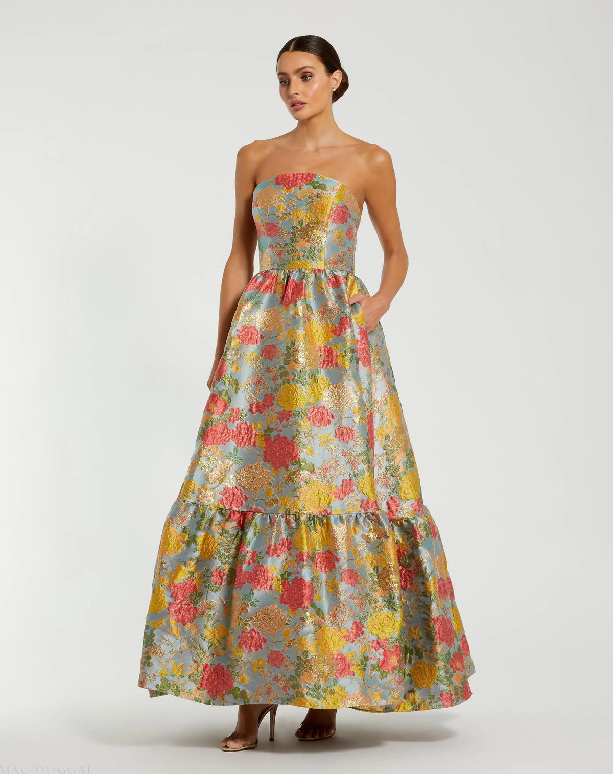 Mac Duggal #11825 turquoise multi strapless floral brocade dress with ruffles