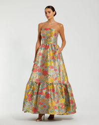 Mac Duggal #11825 turquoise multi strapless floral brocade dress with ruffles
