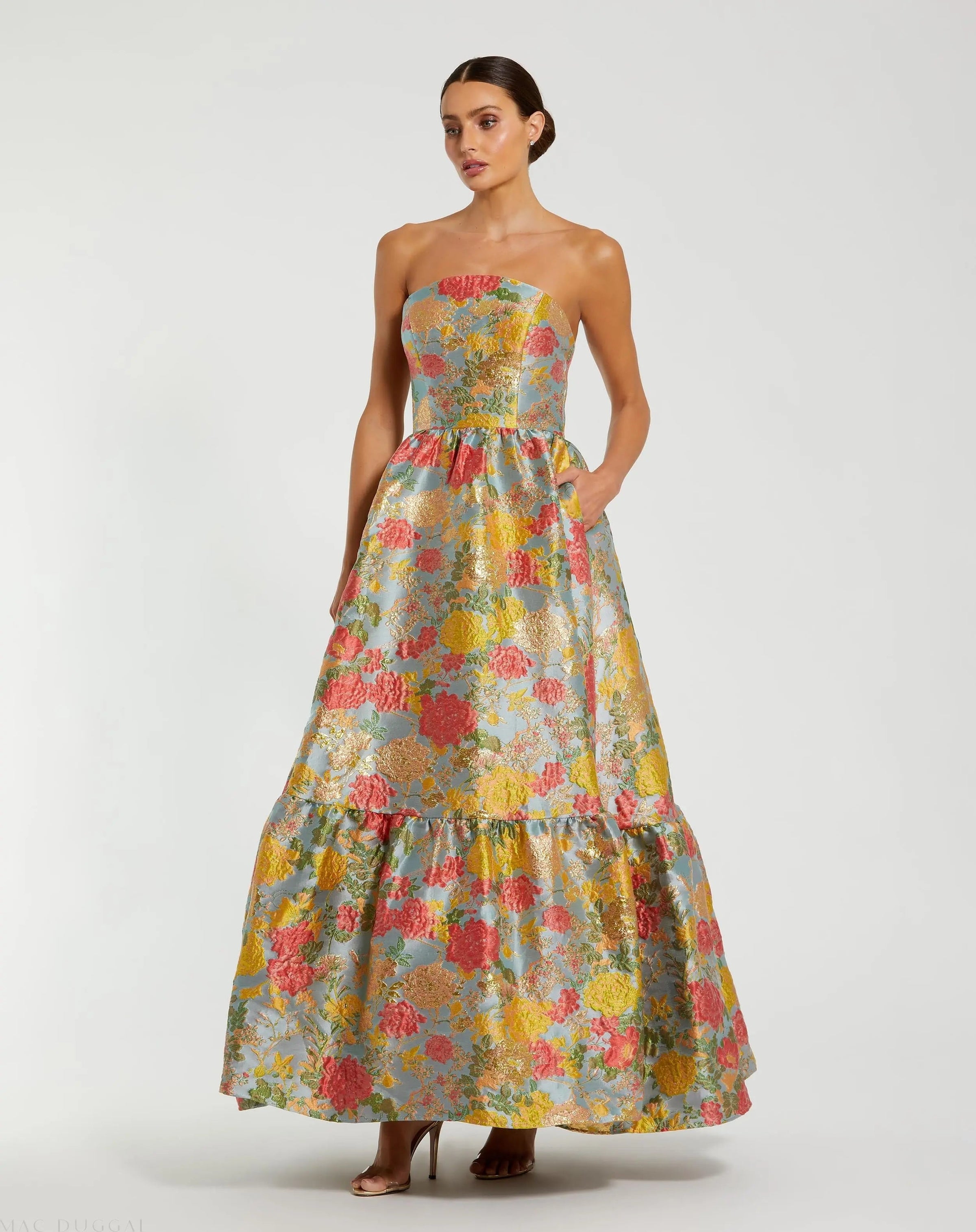 Mac Duggal #11825 turquoise multi strapless floral brocade dress with ruffles