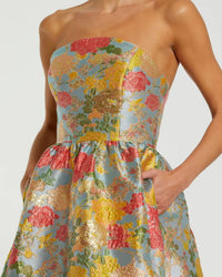 Mac Duggal #11825 turquoise multi strapless floral brocade dress with ruffles