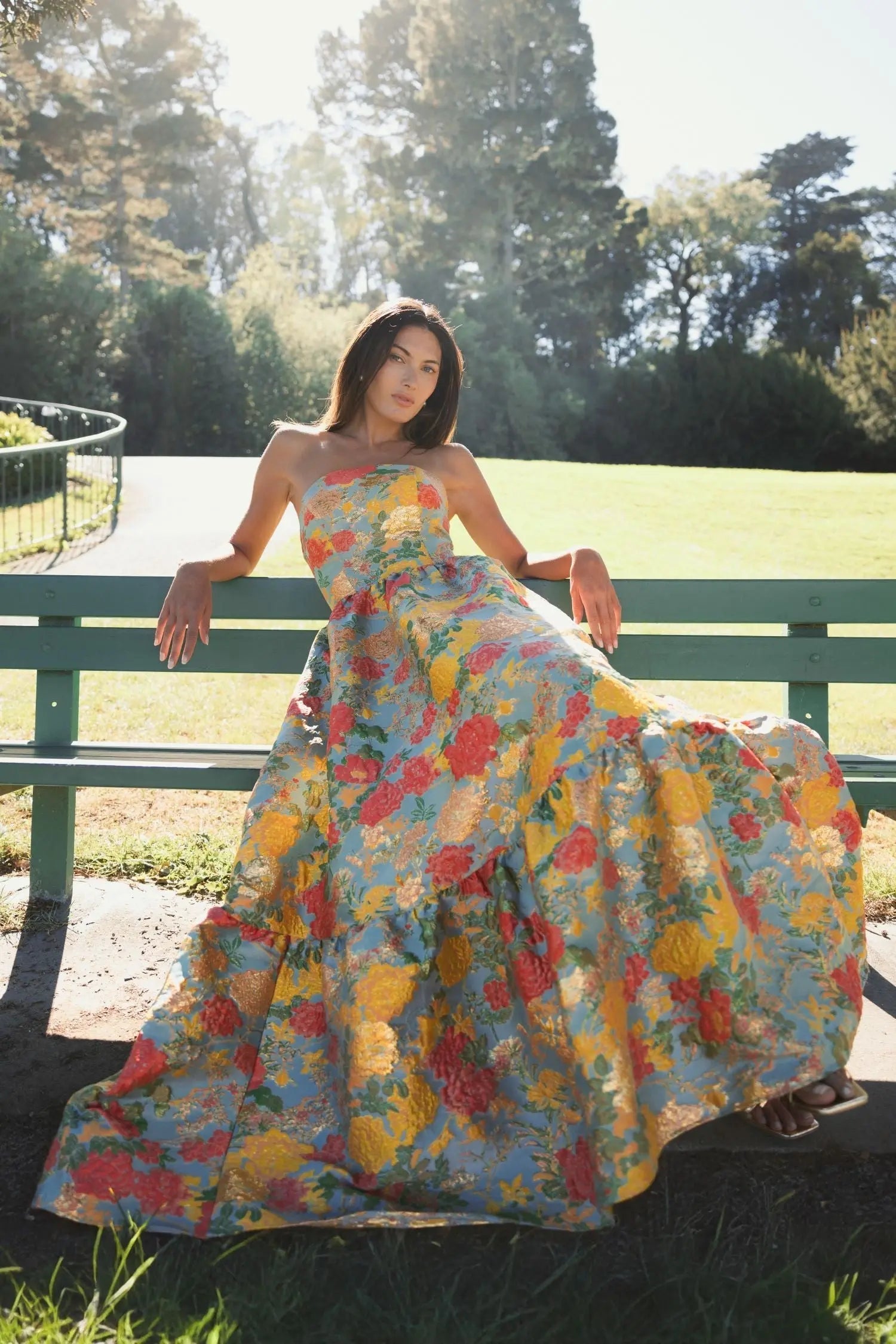 Mac Duggal #11825 turquoise multi strapless floral brocade dress with ruffles