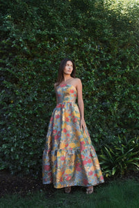 Mac Duggal #11825 turquoise multi strapless floral brocade dress with ruffles
