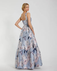 Blue Floral Printed Satin Gown with Pockets - Back