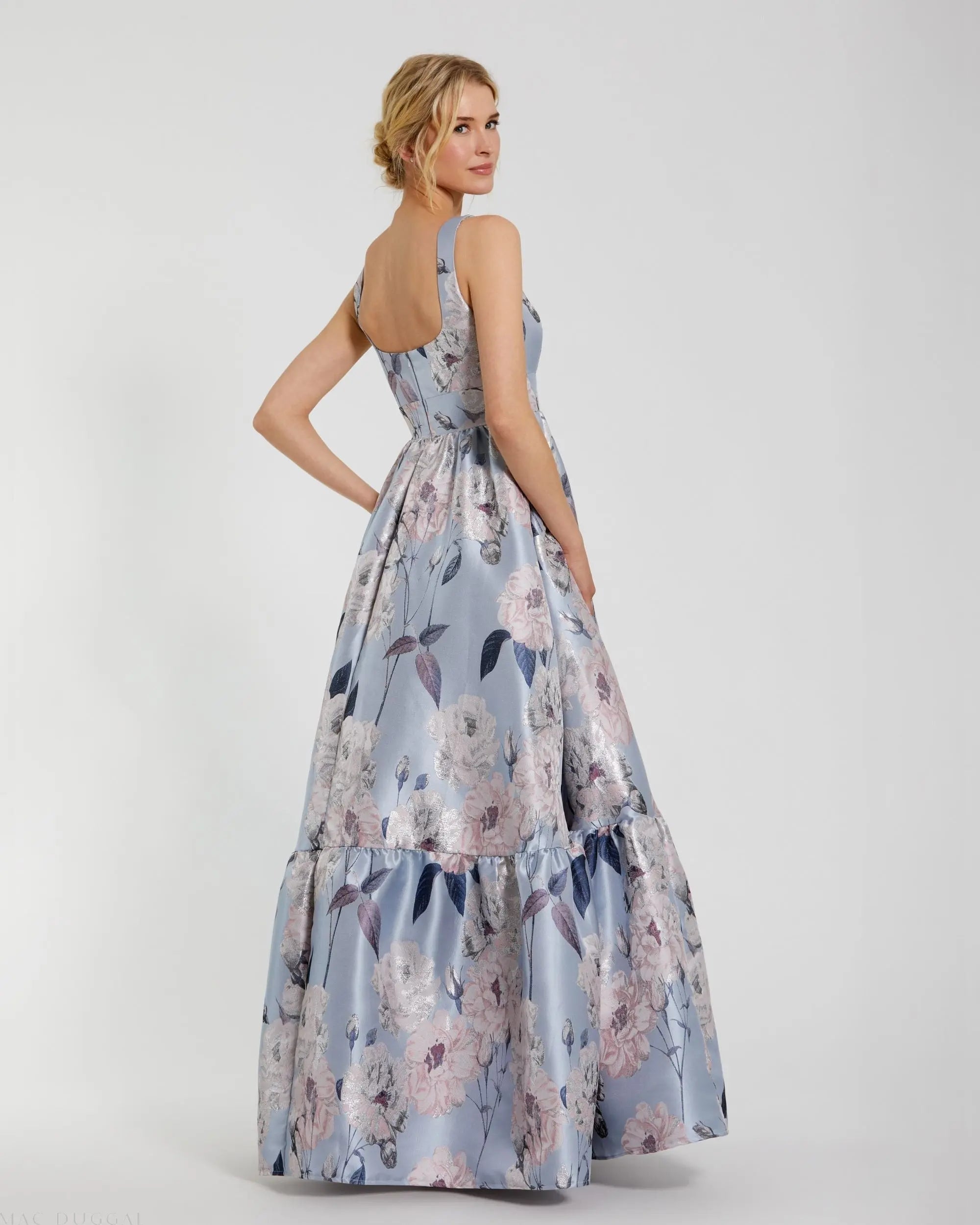 Blue Floral Printed Satin Gown with Pockets - Back