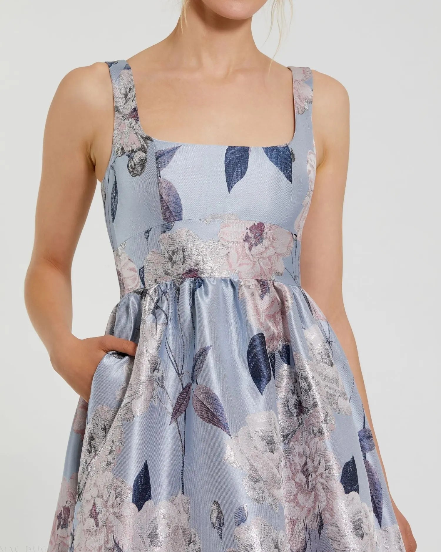 Blue Floral Printed Satin Gown with Pockets - Close Up