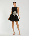 Mac Duggal Black Crepe Sleeveless Mini Dress With Rhinestone Flower #11829