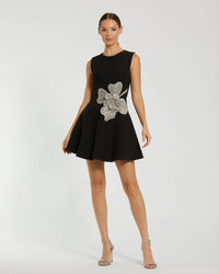 Mac Duggal Black Crepe Sleeveless Mini Dress With Rhinestone Flower #11829
