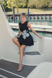 Mac Duggal Black Crepe Sleeveless Mini Dress With Rhinestone Flower #11829