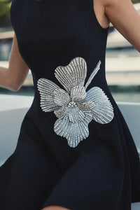 Mac Duggal Black Crepe Sleeveless Mini Dress With Rhinestone Flower #11829