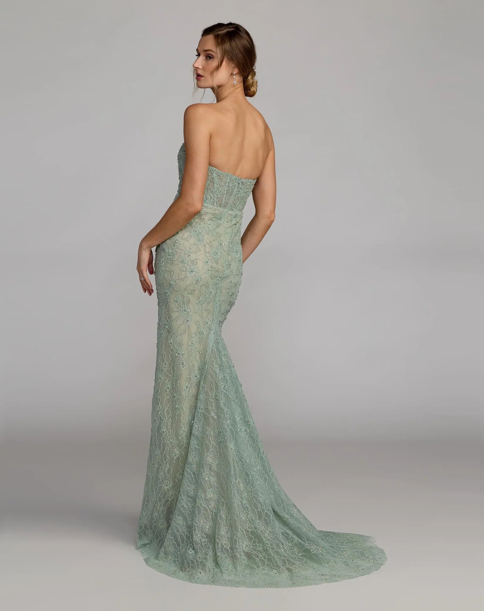 Mac Duggal Beaded Strapless Bustier Gown With Sweeping Train Sage #11830 