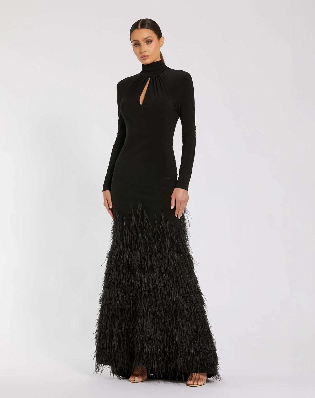 Mac Duggal #11839 Long Sleeve High Neck Feather Trim Gown Black