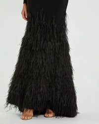 Mac Duggal #11839 Long Sleeve High Neck Feather Trim Gown Black