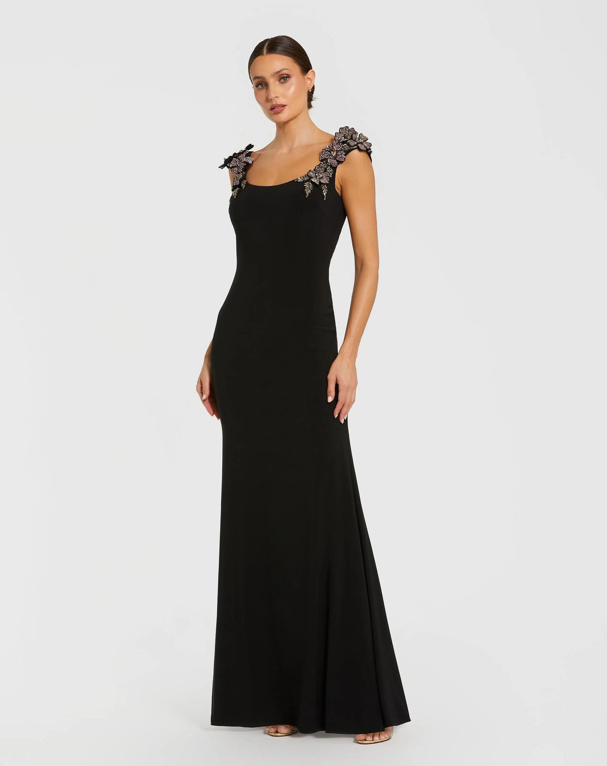 Mac Duggal 11842 Black jersey scoop neck gown with 3D flower details - Front