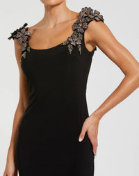 Mac Duggal 11842 Black jersey scoop neck gown with 3D flower details - Close up detail