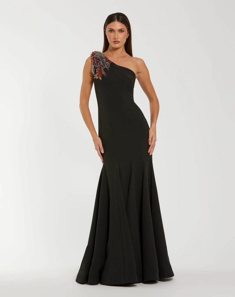 Mac Duggal Black Crepe One Shoulder Mermaid Gown With Beading #11843 