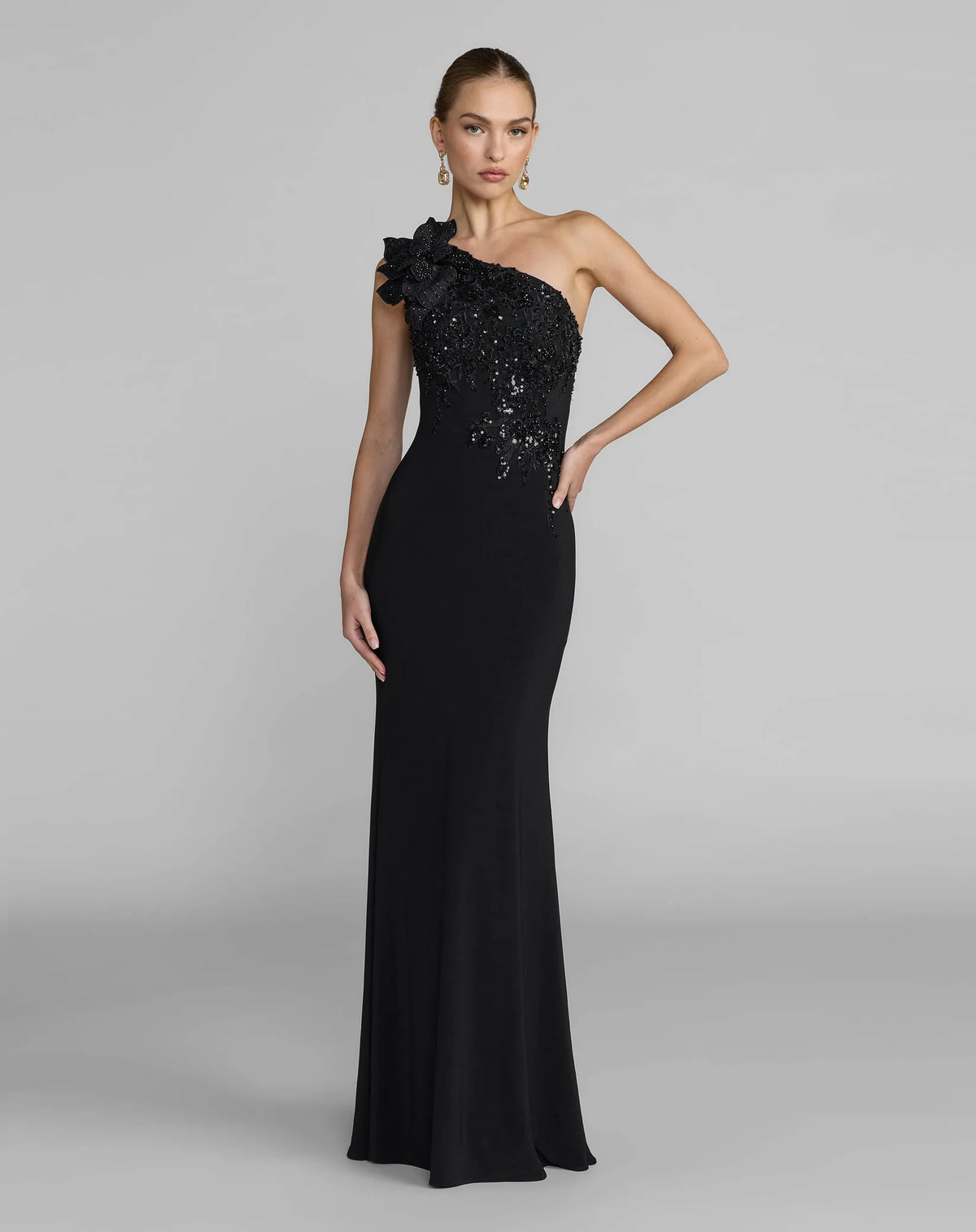 Mac Duggal #11846 Jersey One Shoulder Gown With Flower Details Black