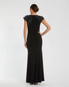 Cap Sleeve Jersey Column Gown Beaded Flowers - Black