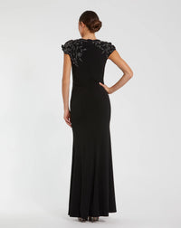 Cap Sleeve Jersey Column Gown Beaded Flowers - Black