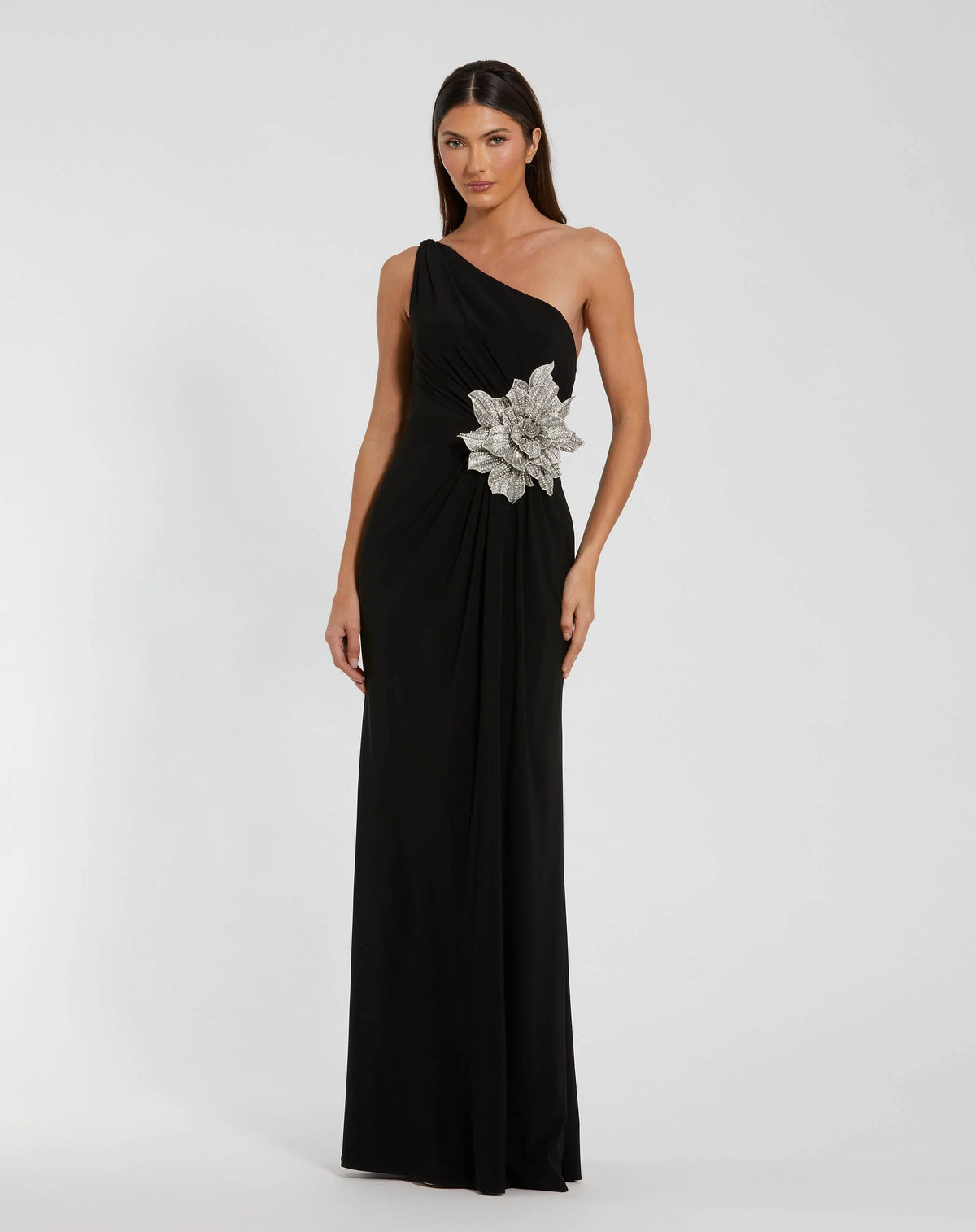 Mac Duggal 11849 Black one shoulder jersey gown with rhinestone flower - Front
