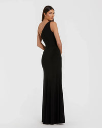 Mac Duggal 11849 Black one shoulder jersey gown with rhinestone flower - Back view