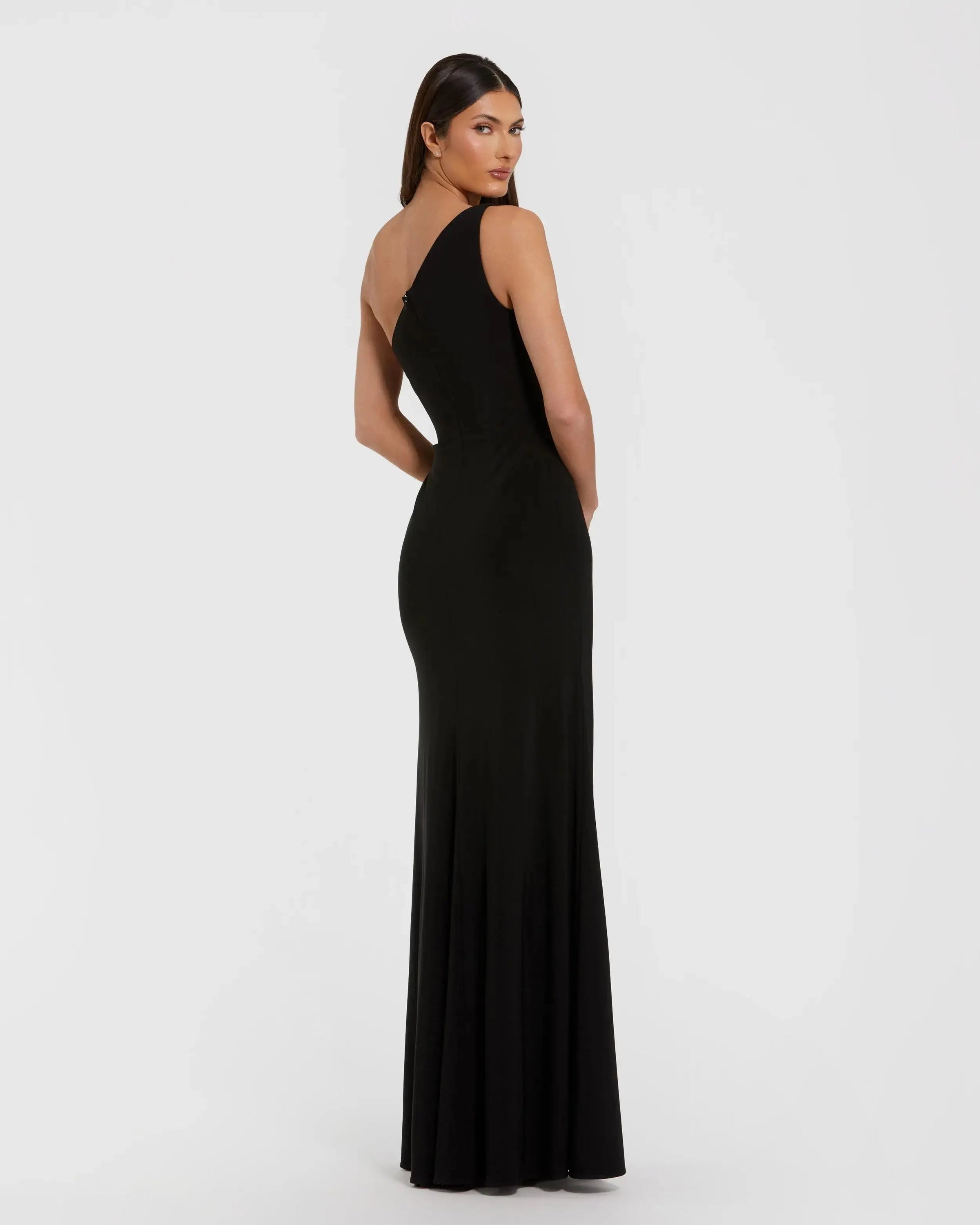Mac Duggal 11849 Black one shoulder jersey gown with rhinestone flower - Back view