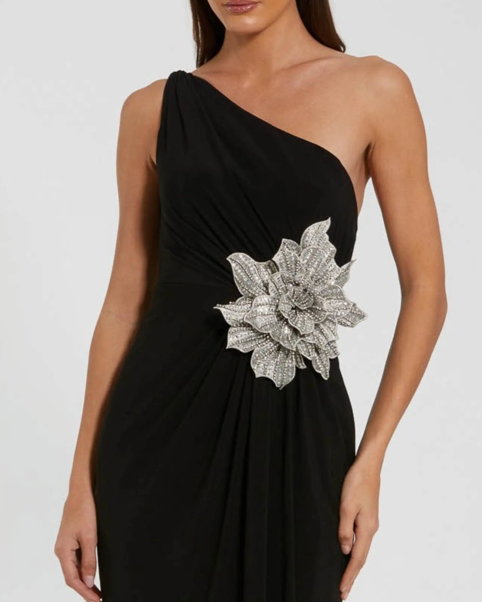 Mac Duggal 11849 Black one shoulder jersey gown with rhinestone flower - Close up detail