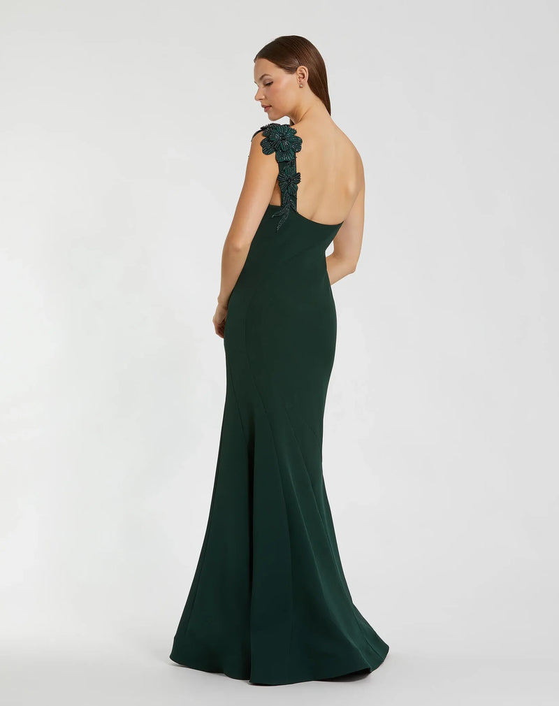 Crepe One Shoulder Flower Mermaid Gown - Green