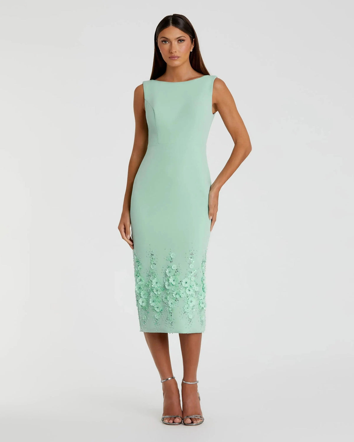 Mac Duggal Sage Crepe Sleeveless Midi Dress With Flower Beading #11853