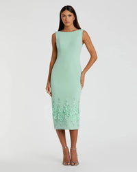 Mac Duggal Sage Crepe Sleeveless Midi Dress With Flower Beading #11853