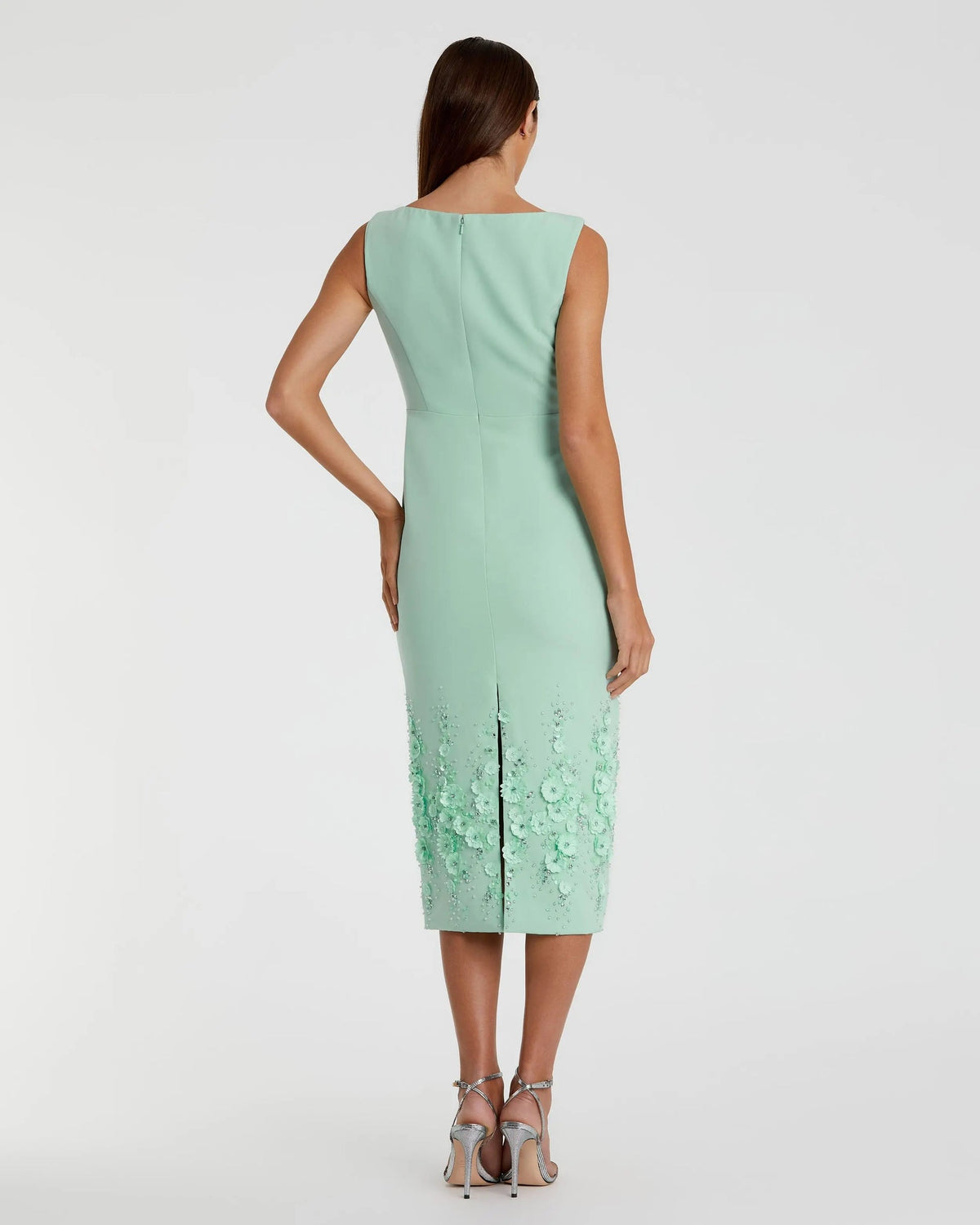 Mac Duggal Sage Crepe Sleeveless Midi Dress With Flower Beading #11853 back